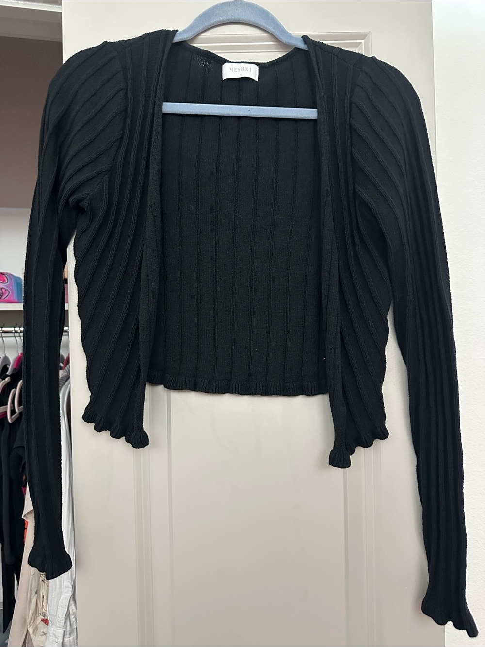 Meshki Black Ribbed Open-Front Cropped Cardigan